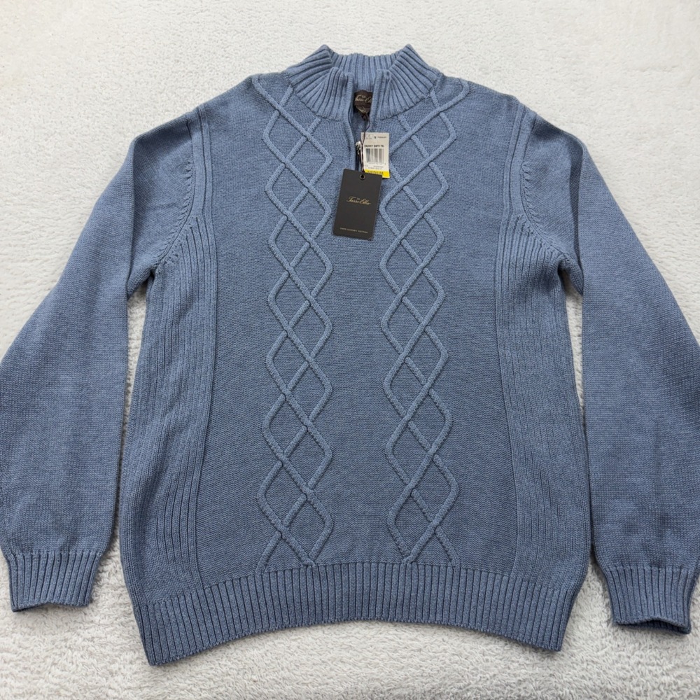 NEW Tasso Elba Mens Stormy Seas Blue 100% Cotton Cable Knit Quarter Zip Sweater‎